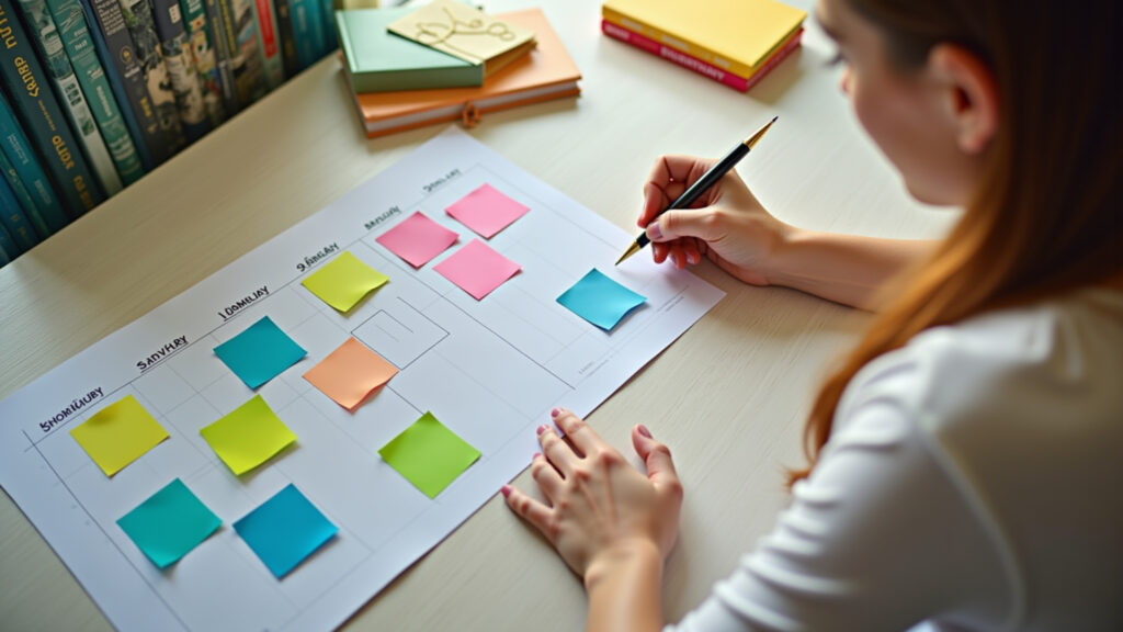 Woman creating a study schedule with colorful notes and Brazilian decor, professional photography, Mulher cria cronograma de estudos com notas coloridas.