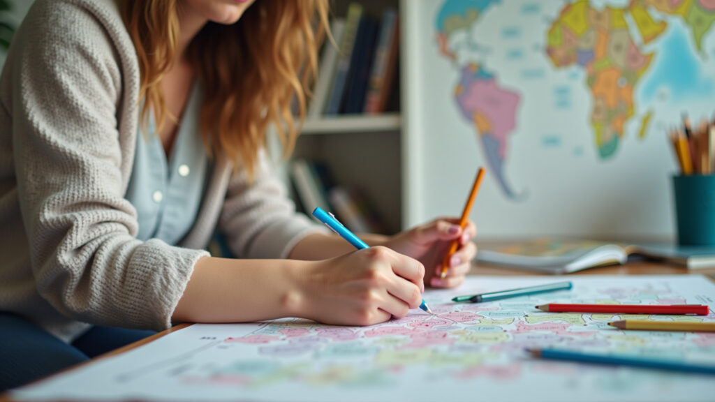 Woman creating mind maps with colorful pens and Brazilian decor, professional photography, 8K, Mulher cria mapas mentais com canetas coloridas.