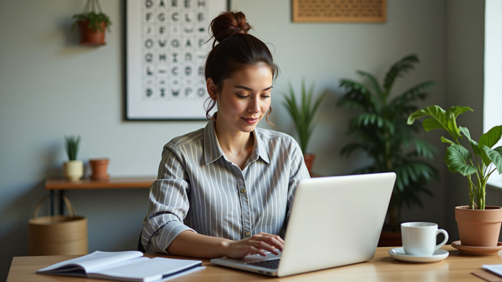 Woman searching alphabet information on her laptop, bright home office, Brazilian decor, natural Mulher pesquisando informações sobre o alfabeto no laptop.