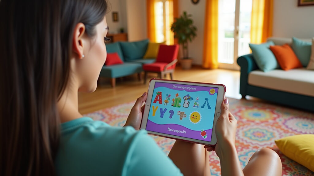 Woman using alphabet learning app on tablet, colorful Brazilian living room, natural light, 8K, Mulher usando aplicativo para aprender o alfabeto.