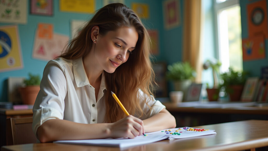 Woman using mnemonic devices to memorize the alphabet, colorful study space with Brazilian decor, Mulher memorizando o alfabeto com mnemônicos.
