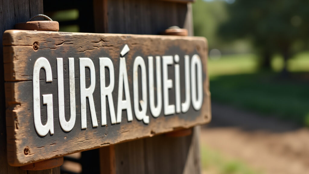 Placa rústica com 'guerra' e 'queijo', foco em GU e QU.