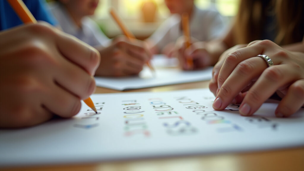 Mãos escrevendo dígrafos, foco na colaboração e aprendizado.