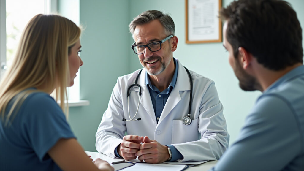 Médico explicando receita em inglês para paciente.
