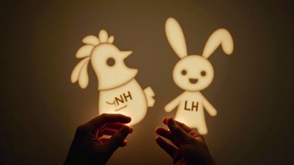 Teatro de sombras com galinha e coelho, representando NH e LH.