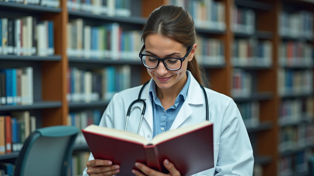 Estudante de medicina estudando livro de anatomia em inglês.