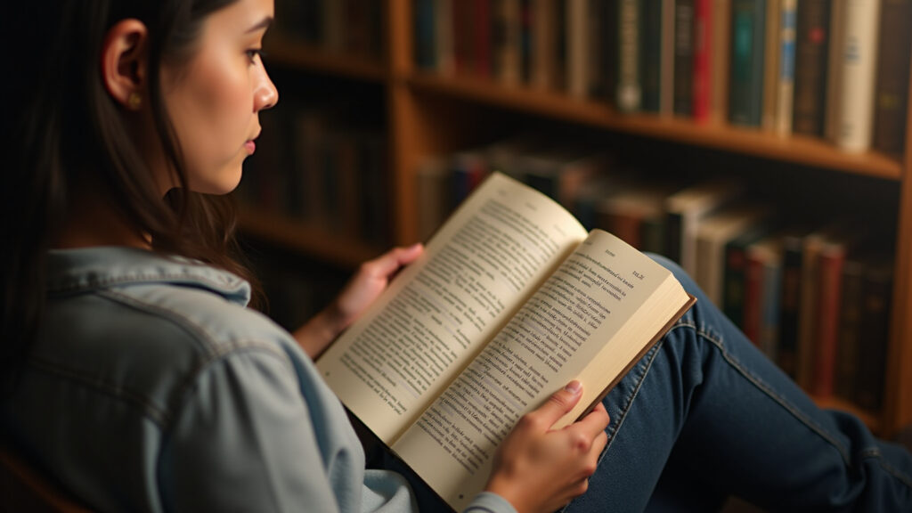 Pessoa lendo livro com dígrafos destacados, prestando atenção na pronúncia.