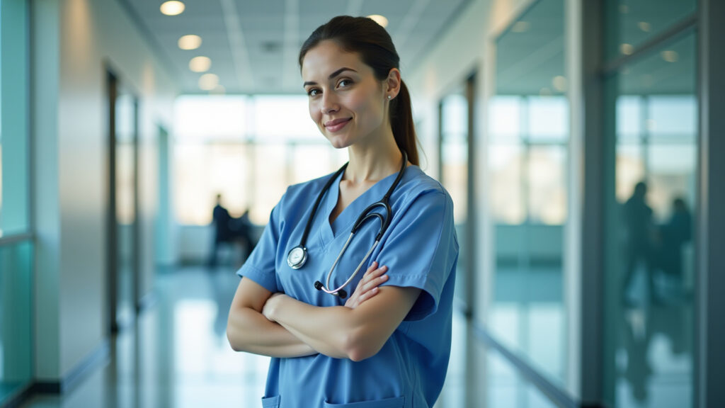 Profissional usando inglês médico em hospital internacional.