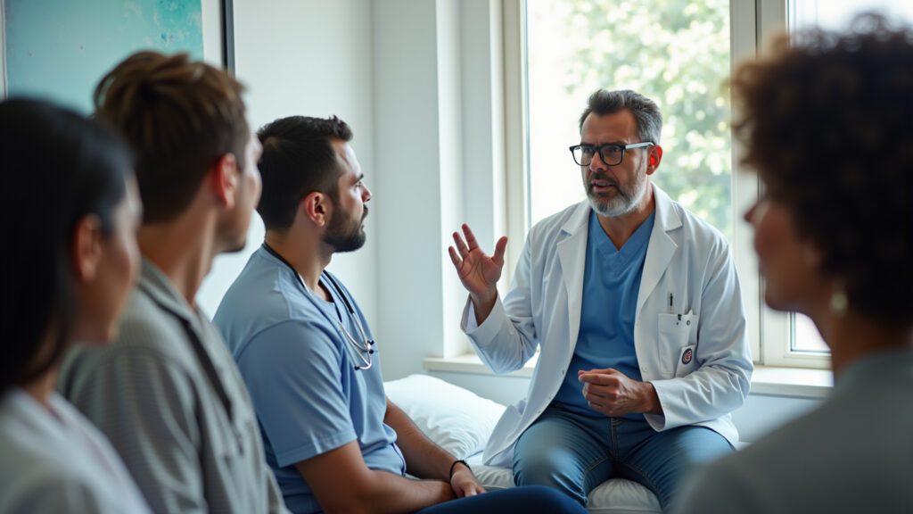 Médico explicando diagnóstico em inglês para paciente.