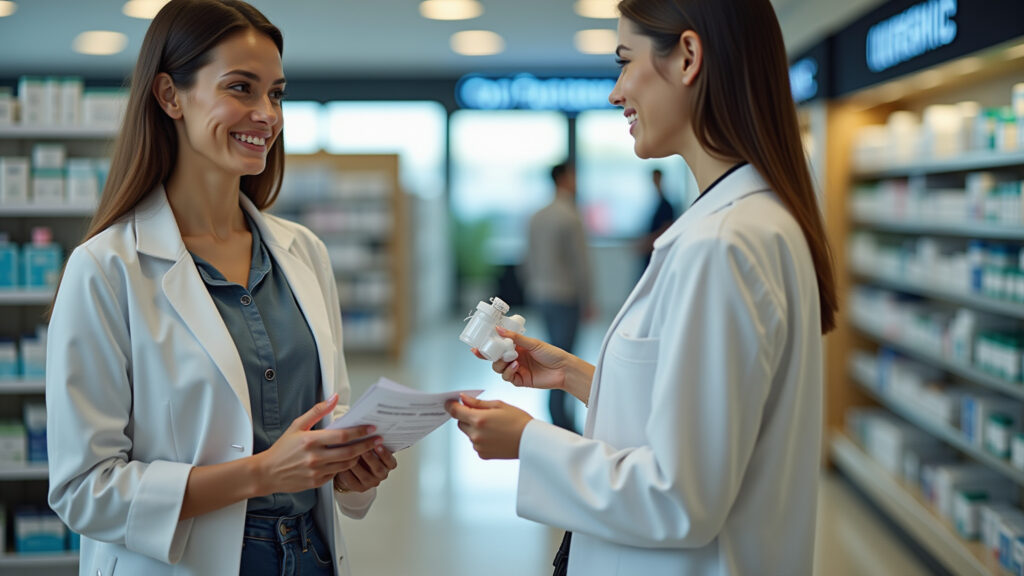 Mulher comprando remédio com receita em inglês no exterior.