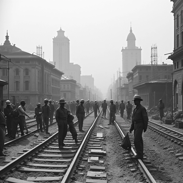 Trabalhadores da construção civil erguendo Belo Horizonte no início do século XX.