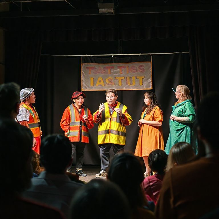 Adultos apresentam peça teatral sobre segurança no trânsito em um palco.