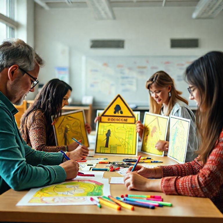 Adultos criam cartazes coloridos sobre segurança no trânsito em sala de aula.