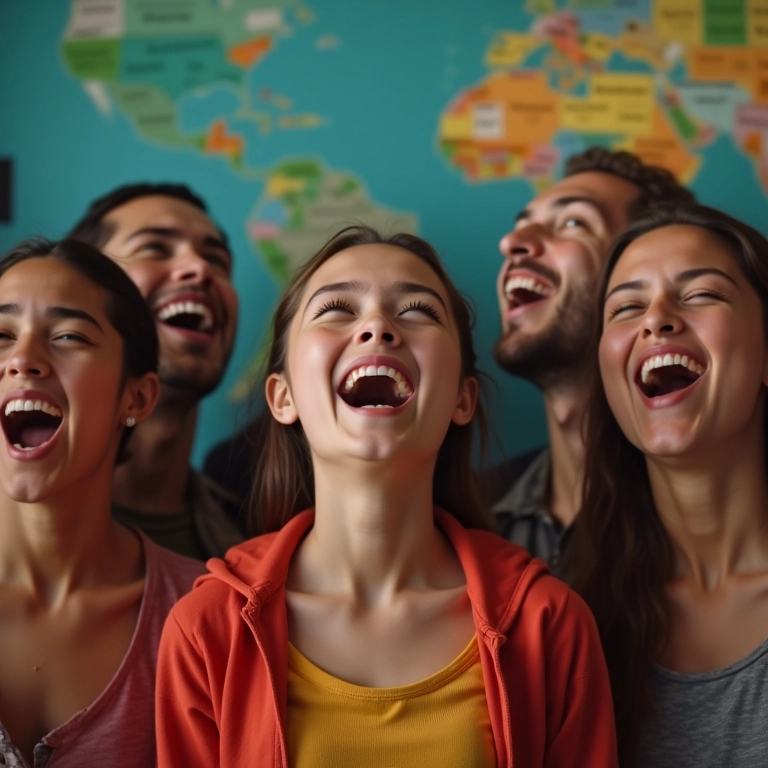 Adultos rindo e cantando fórmulas matemáticas em um ambiente colorido.