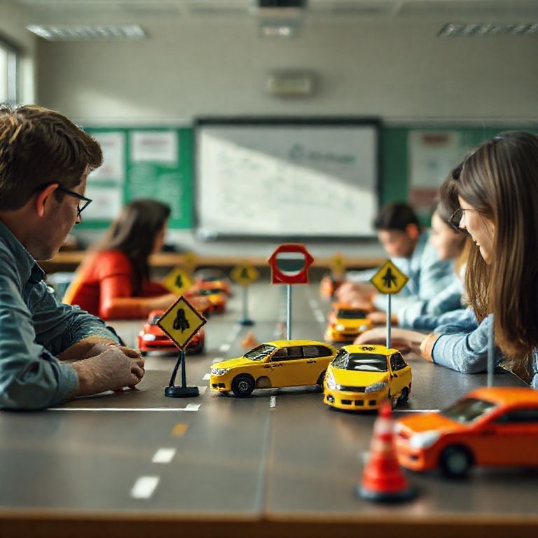 Adultos simulam situações de trânsito em sala de aula com carrinhos e placas.