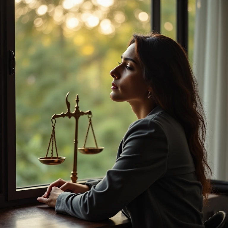 Advogada meditando com balança da justiça ao fundo.