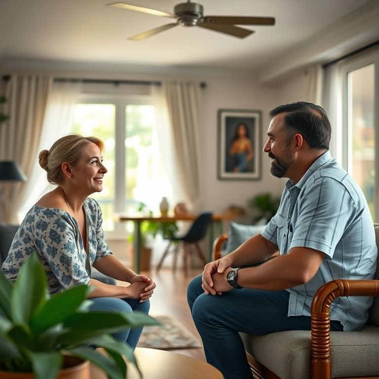Amigos em sala brasileira discutindo planos de viagem, um sugerindo 'You would enjoy Rio'.