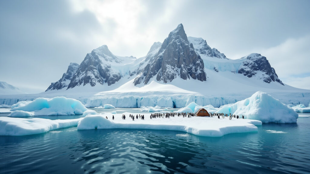 Paisagem da Antártida com pinguins e icebergs.