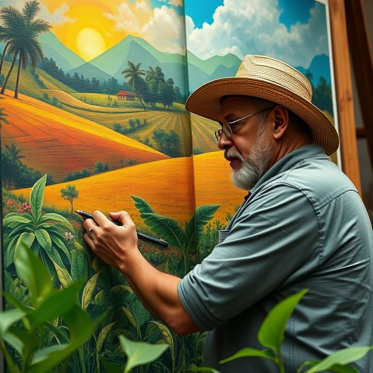 Artista brasileiro criando uma pintura descritiva vibrante.