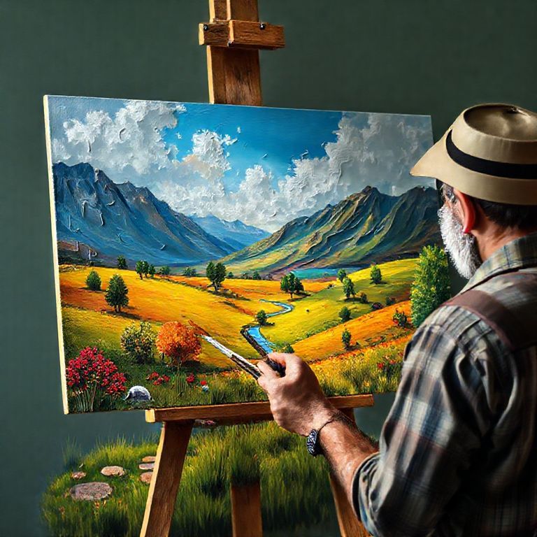 Artista pintando paisagem colorida com tintas e pincéis.