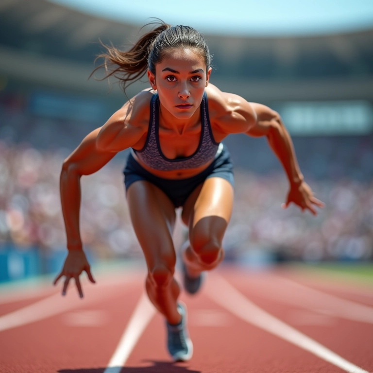 Atleta feminina explodindo na largada de uma corrida de velocidade.