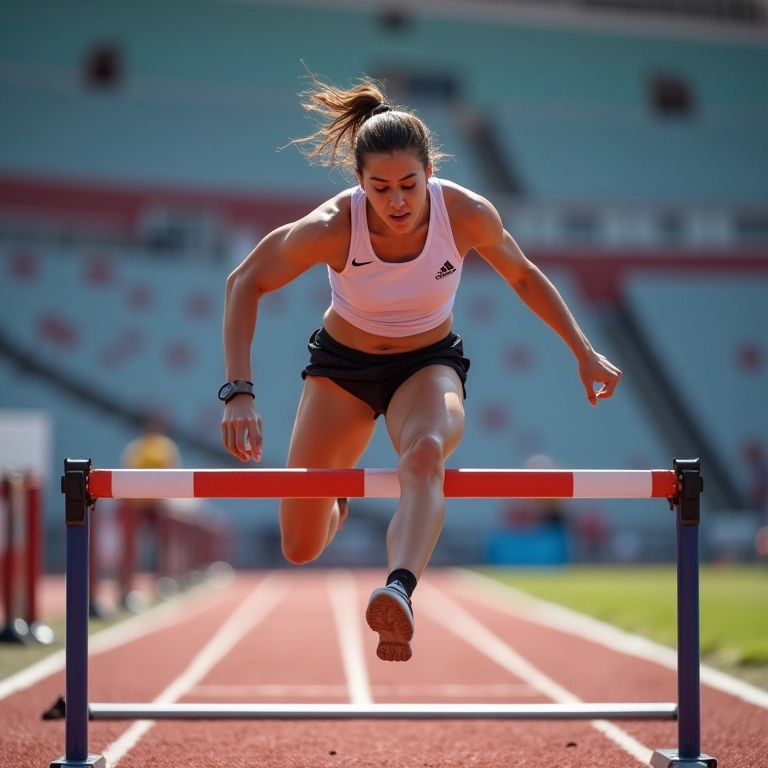 Atleta feminina saltando um obstáculo com técnica perfeita.