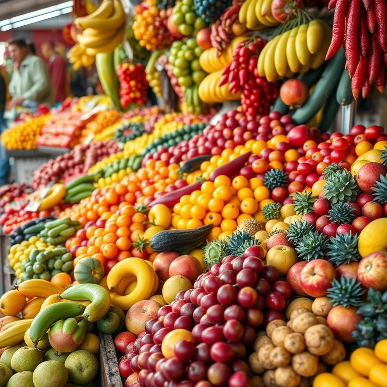 Barraca de mercado vibrante com frutas organizadas em grupos de cinco.
