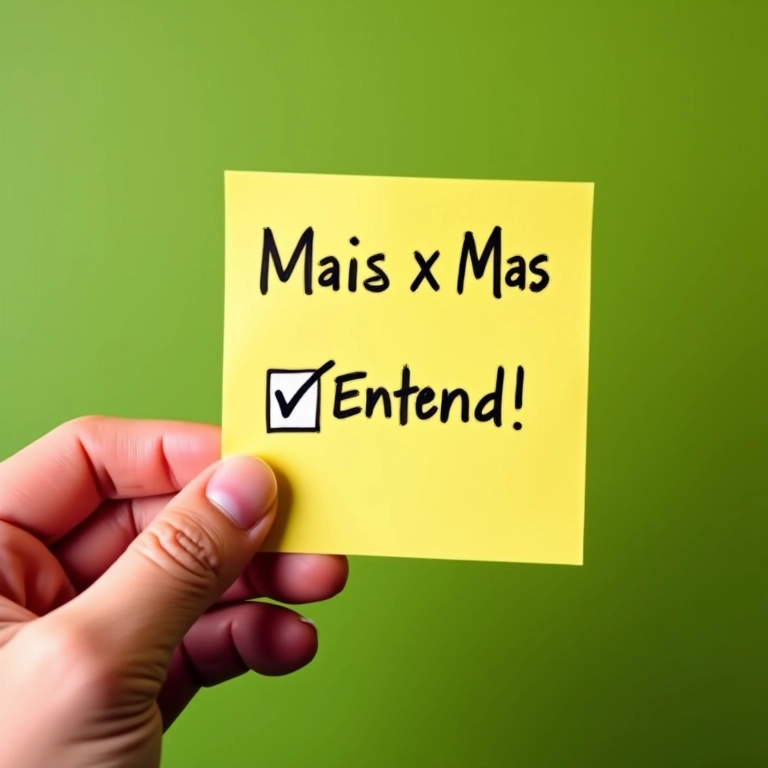 Bilhete com 'Mais x Mas' riscado e 'Entendi!' comemorando o aprendizado.