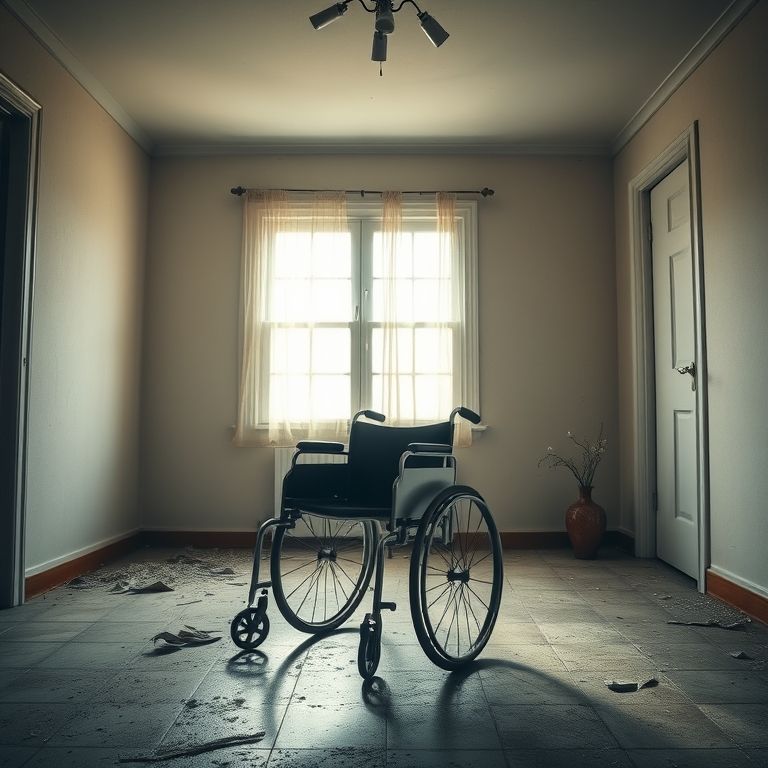Cadeira de rodas vazia em um quarto abandonado, simbolizando abandono de idoso.