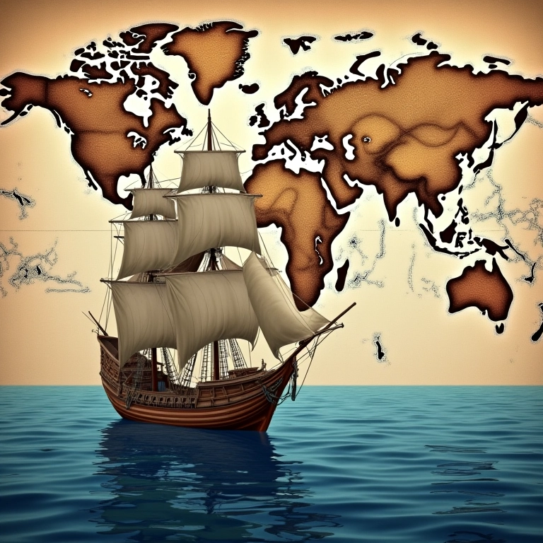 Caravela do século XVI navegando com mapa-múndi ao fundo.