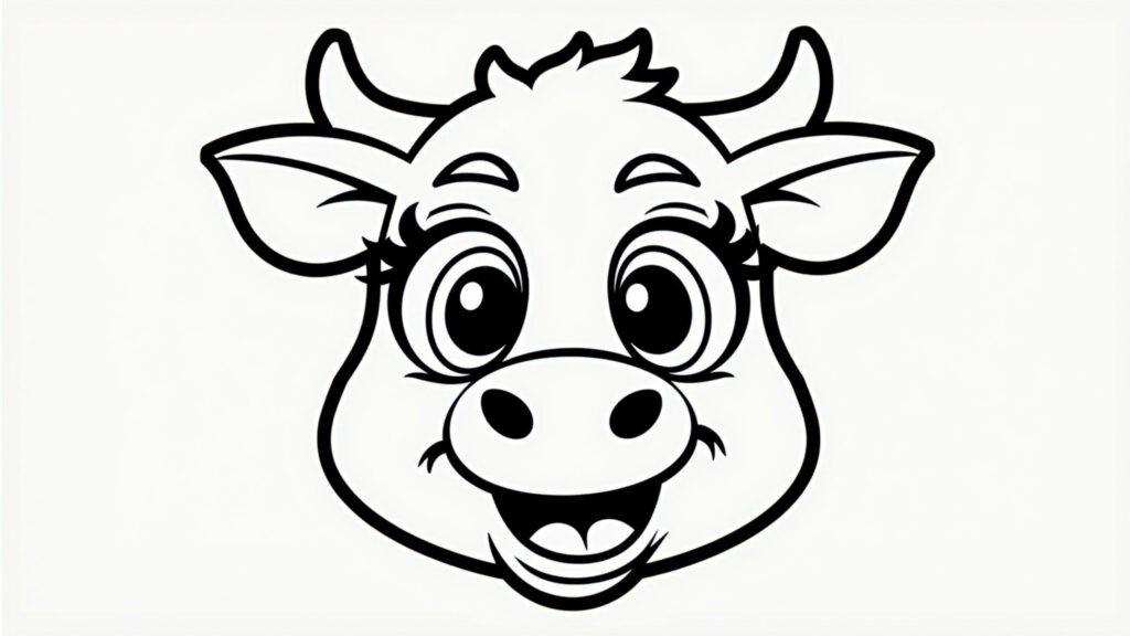 Desenho de vaca de desenho animado para colorir, com traços divertidos e cores vibrantes.