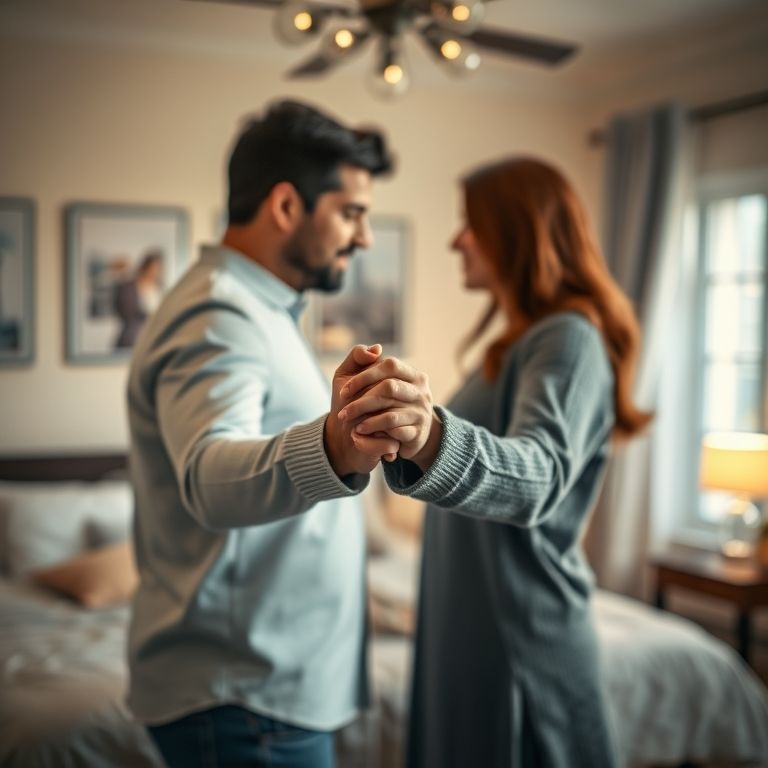 Casal de mãos dadas em um quarto aconchegante.