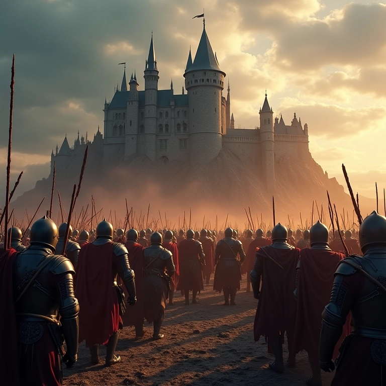 Castelo medieval sob ataque, cavaleiros e catapultas em ação.