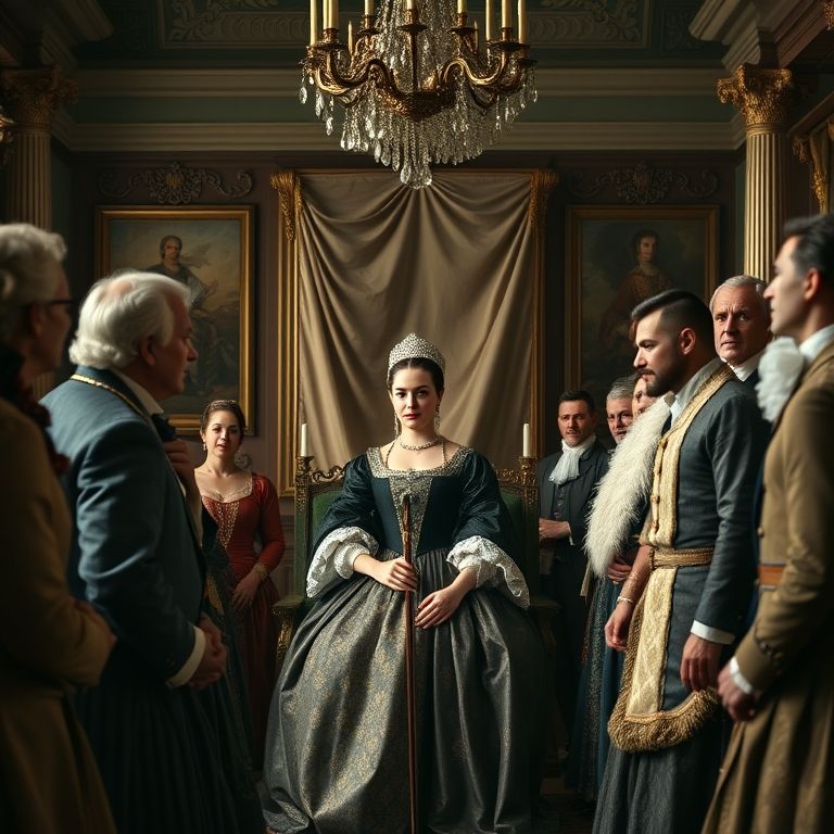 Catarina, a Grande, em sua corte, cercada por diplomatas e pretendentes.