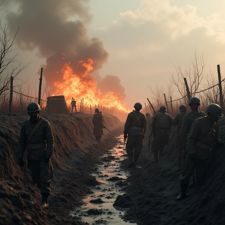 Cena de guerra de trincheiras na Primeira Guerra Mundial.