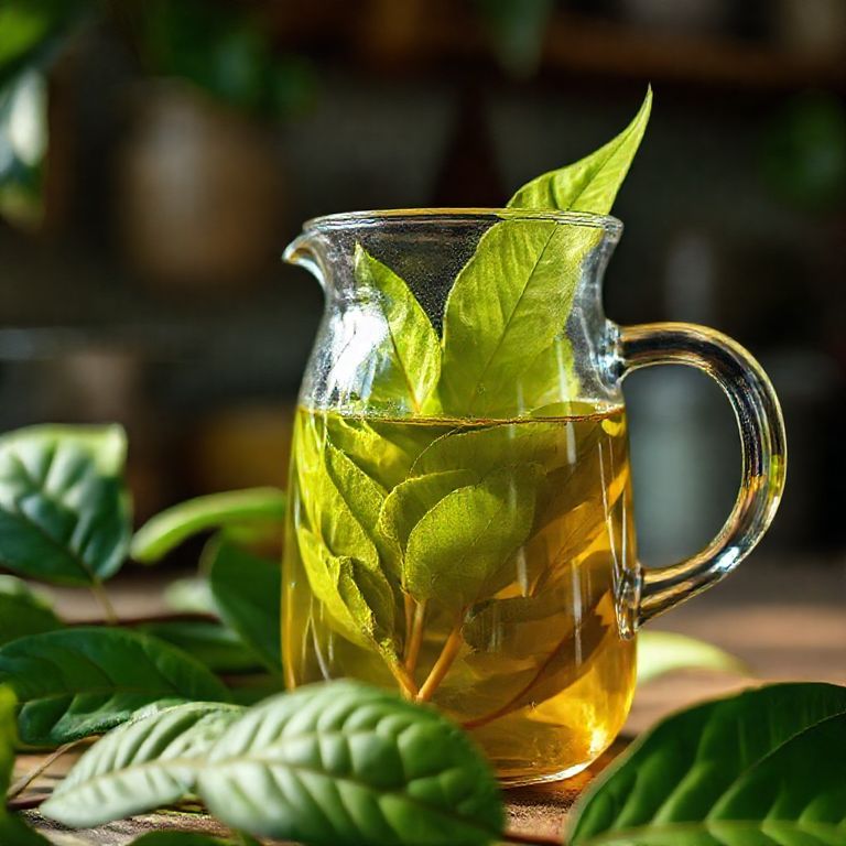 Chá de folhas de graviola sendo preparado em uma cozinha rústica brasileira.