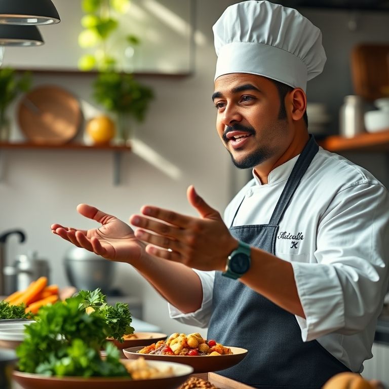 Chef brasileiro ensinando receita em programa de culinária.