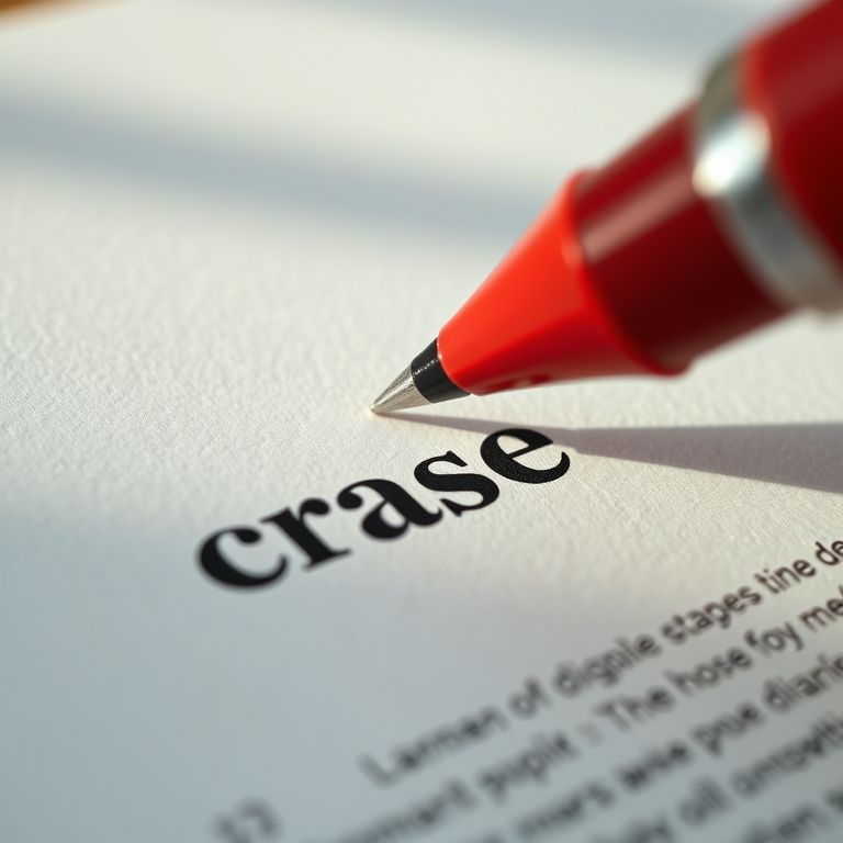 Close-up de documento com a palavra 'crase' em destaque, caneta vermelha apontando o acento.
