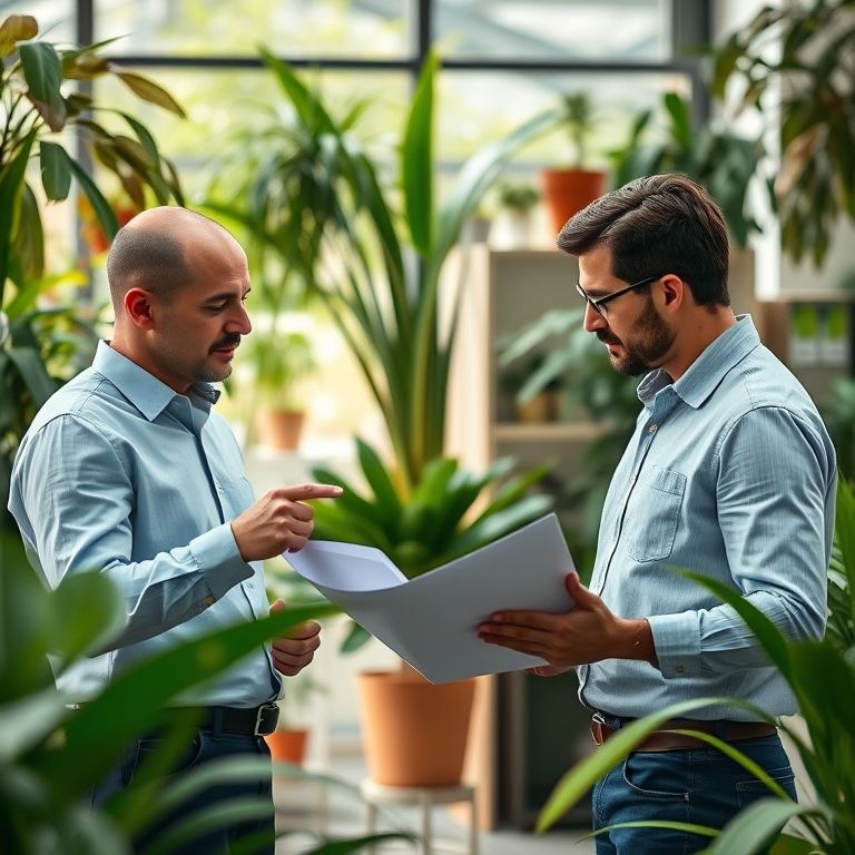 Colegas discutindo relatório em escritório com plantas, um apontando erro de concordância verbal.