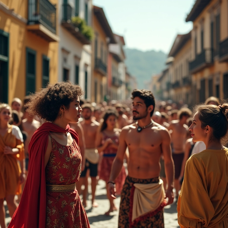 Comédia romana em apresentação de rua no Brasil colonial.