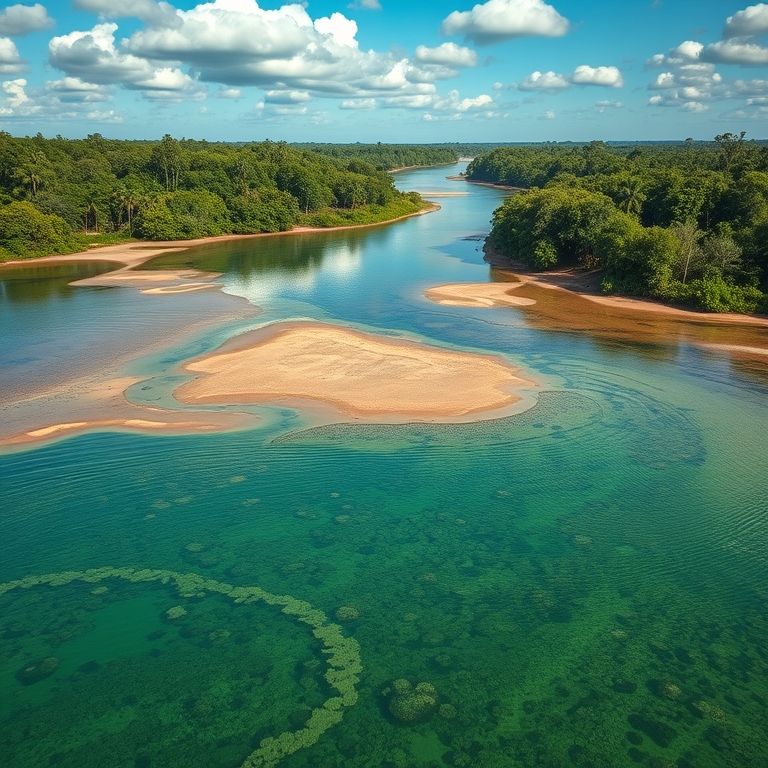 Confluência dos rios Tocantins e Araguaia, mostrando a rica biodiversidade.
