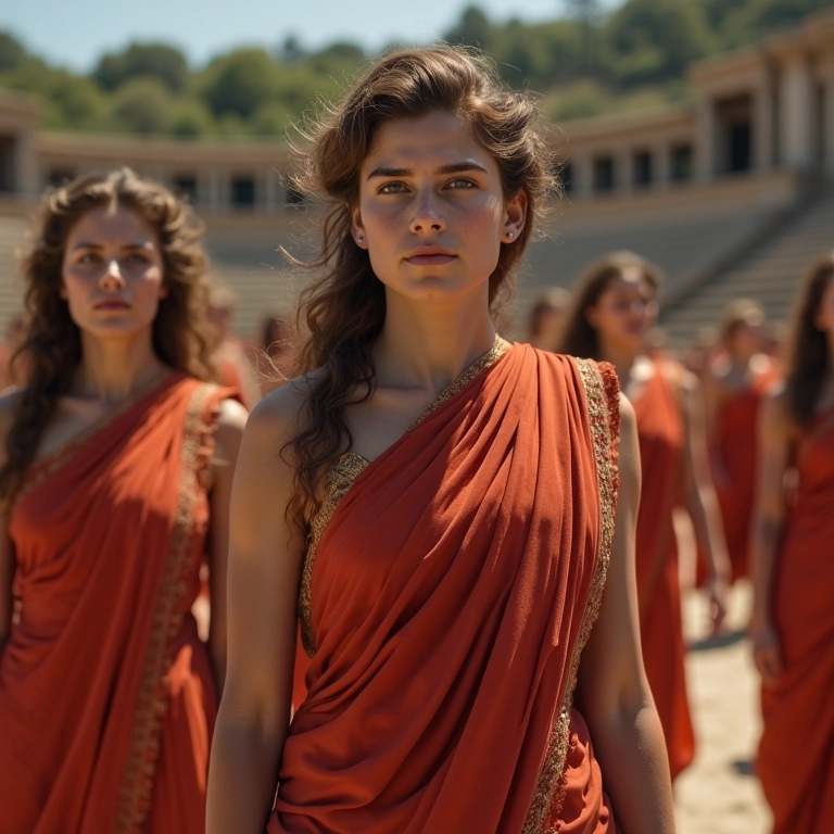 Coro grego em anfiteatro ao ar livre com figurino autêntico.