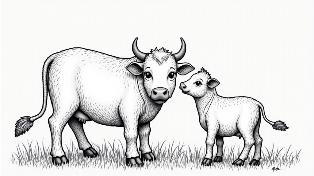 Desenho de vaca e bezerro para colorir, representando o amor e o carinho familiar.
