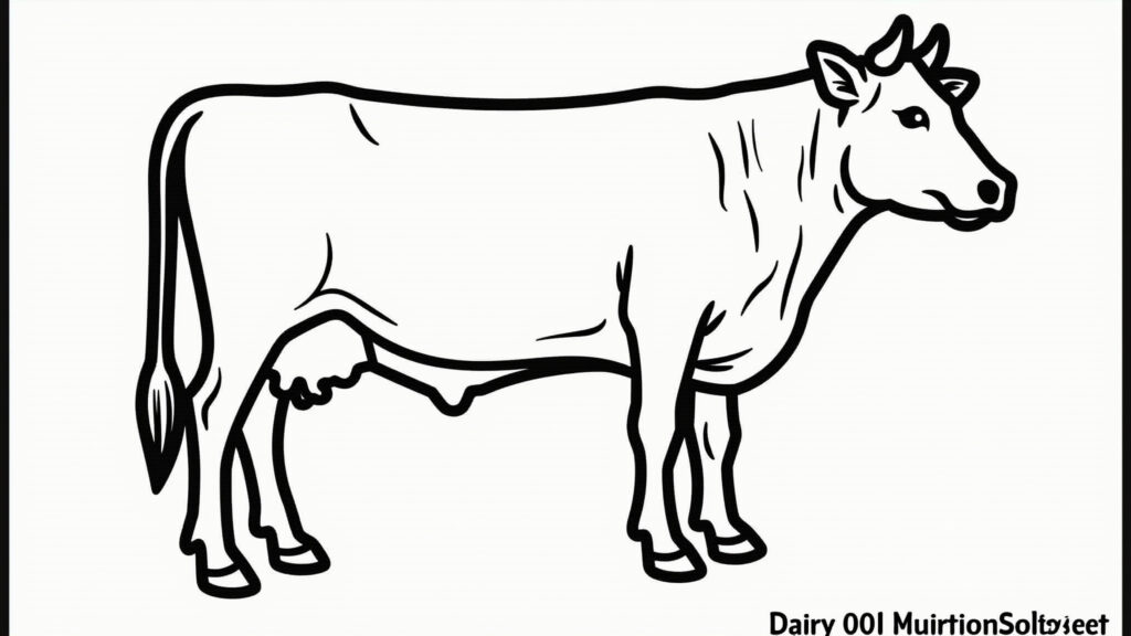 Desenho de vaca leiteira para colorir, mostrando o úbere e o processo de produção de leite.