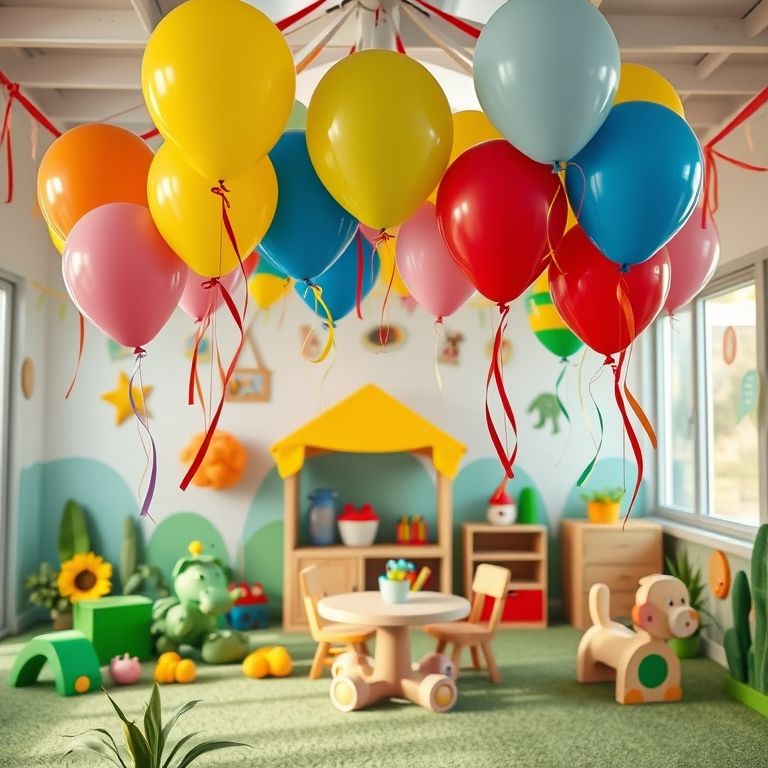 Decoração colorida com balões e fitilhos seguros em berçário.