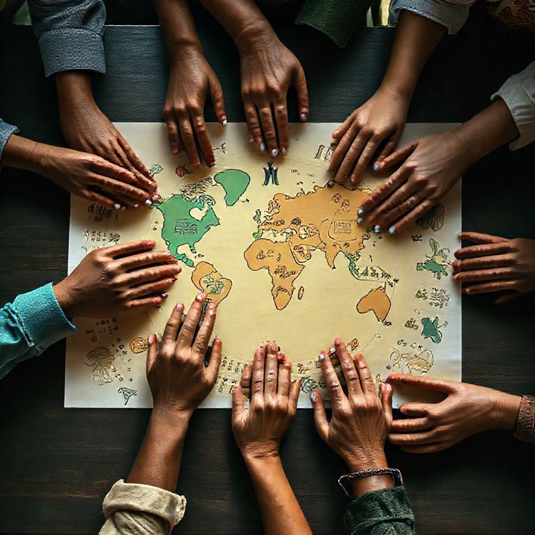 Design colaborativo de calendário global com símbolos culturais diversos.