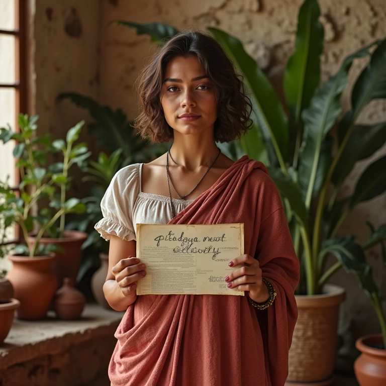 Dramaturgo grego apresentando texto aos atores em cenário vibrante.