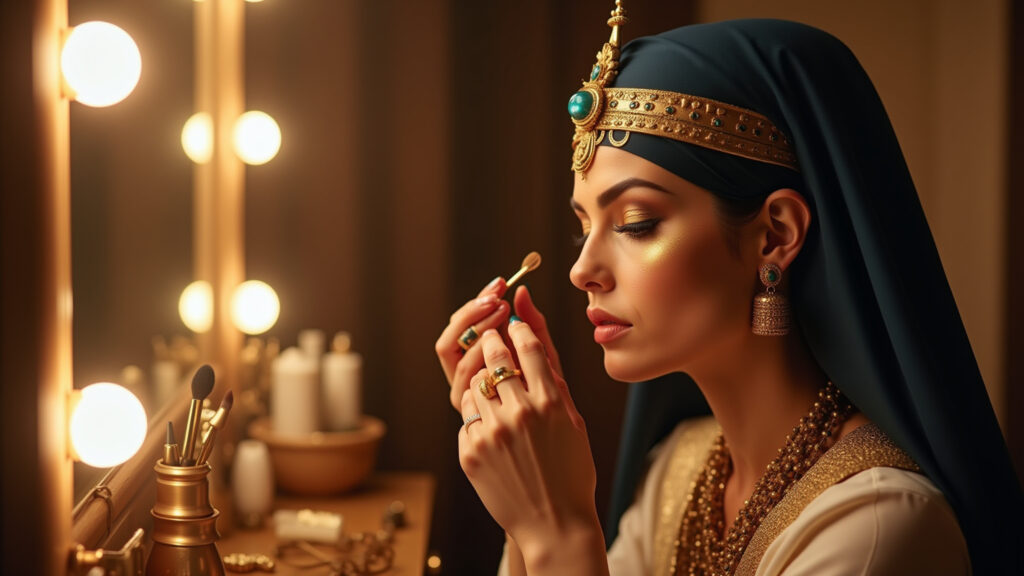 Egípcia se maquiando com ferramentas antigas.