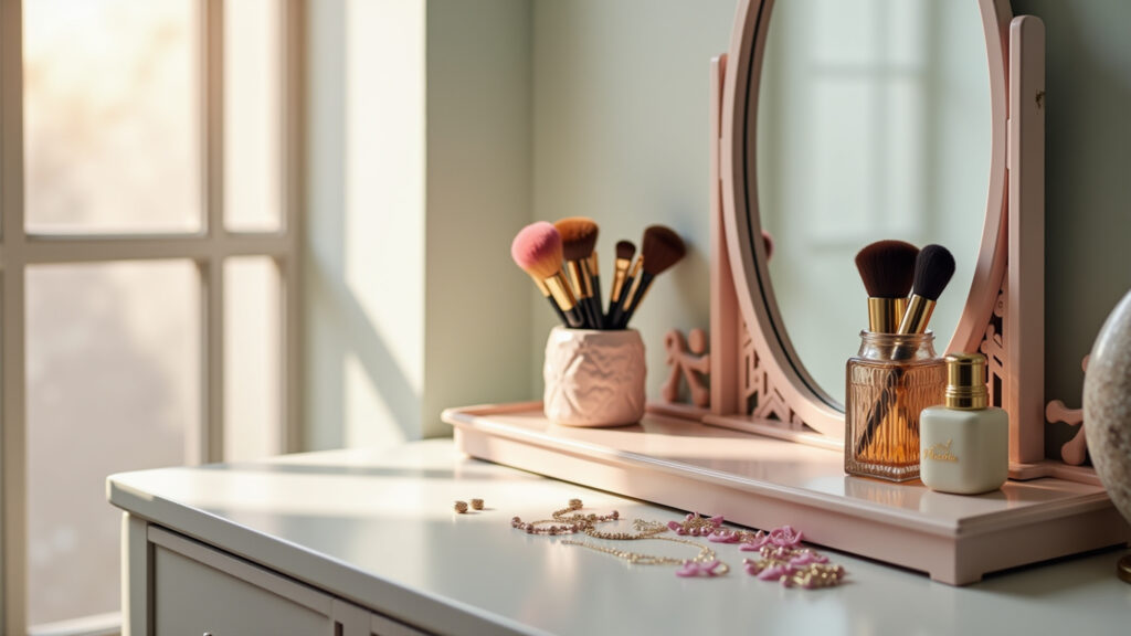 Penteadeira vintage elegante com espelho e acessórios.