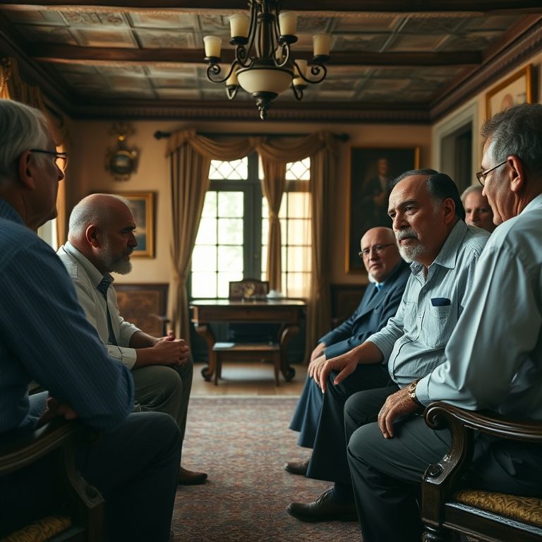 Elite agrária descontente discutindo questões econômicas em uma fazenda no Brasil.
